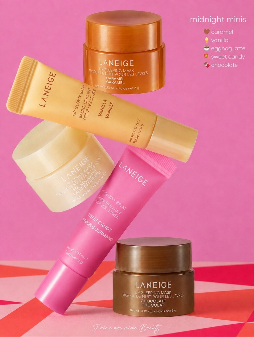 LANEIGE Mini Set — Candy & Vanill Lip Balm, Chocolate Eggnog Caramel Lip Masks